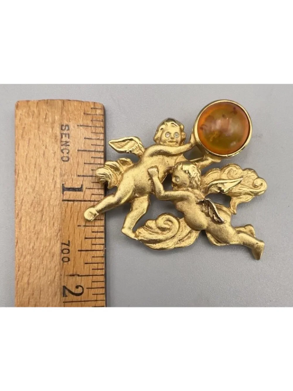 Vintage Signed LS Louis Stern Cherub Angel Brooch Gold Tone Amber Cabochon Pin